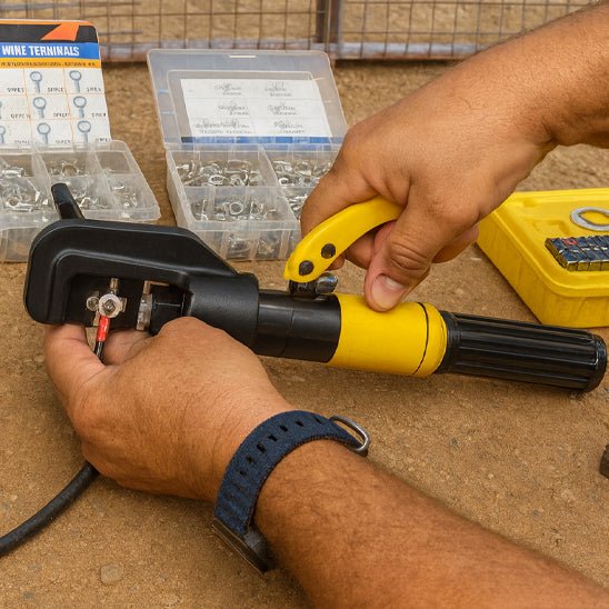 pince a sertir tenue en main boitier connecteurs anneau