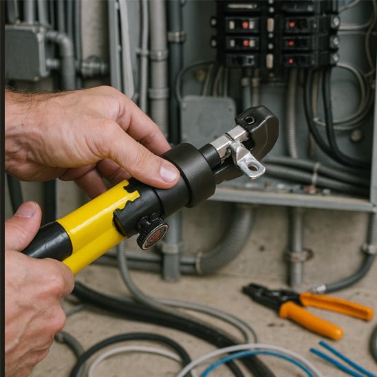 pince a sertir tenue en main devant panneau electrique